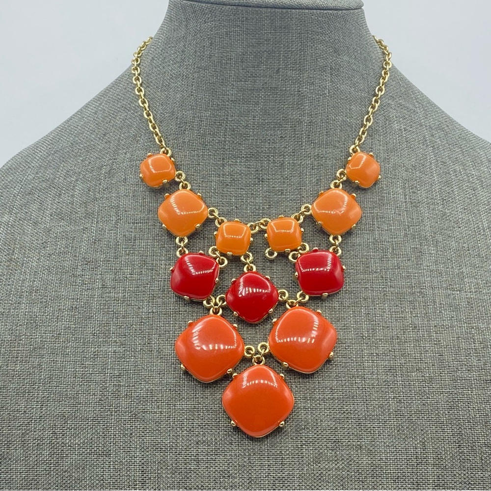 Gold Tone Orange Lucite Acrylic Bib Collar Necklace Bubble Statement Preppy